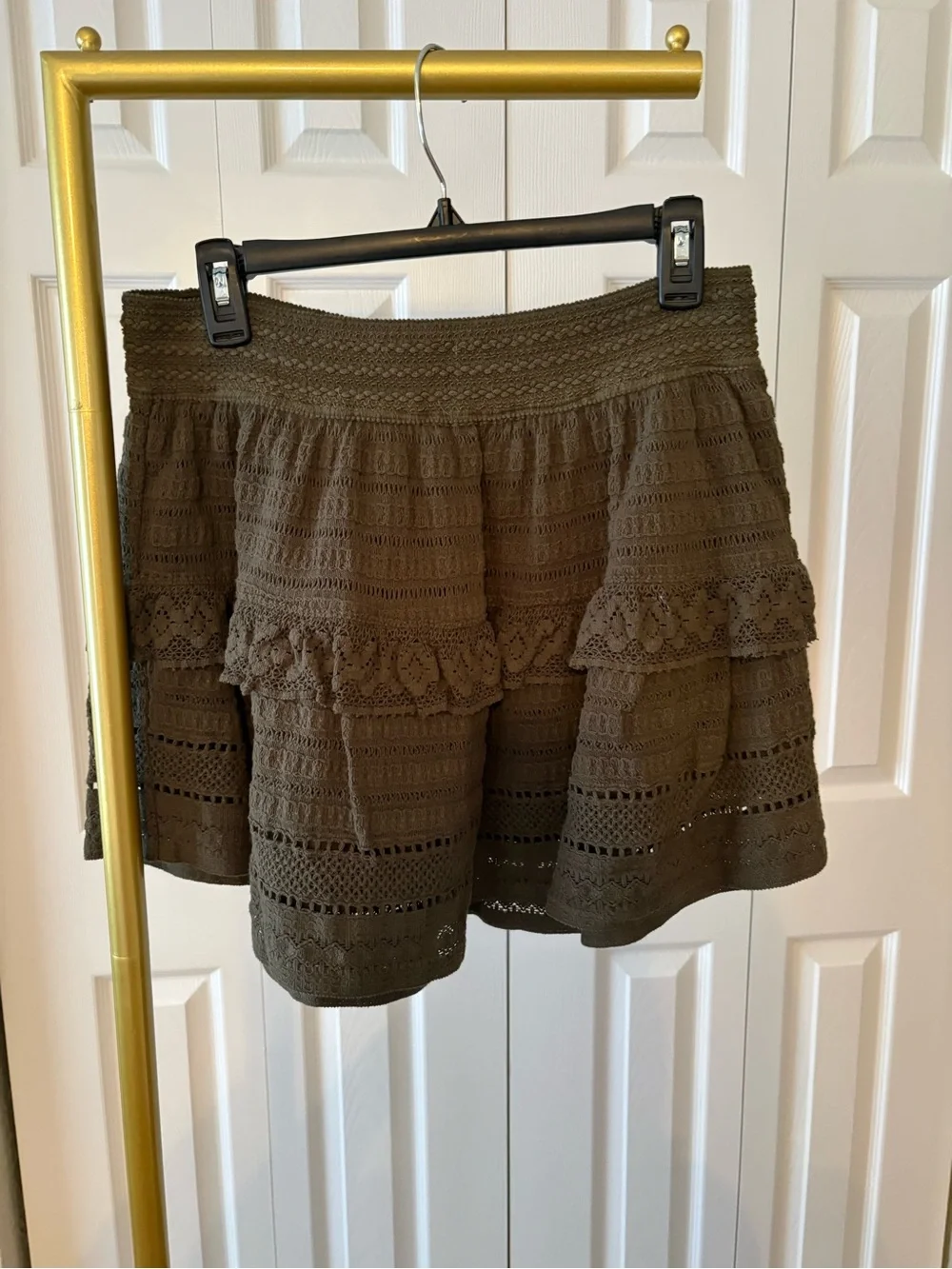 Crochet Mini Skirt Cotton Ruffled Olive Green, Cottagecore Feminine Grunge Color